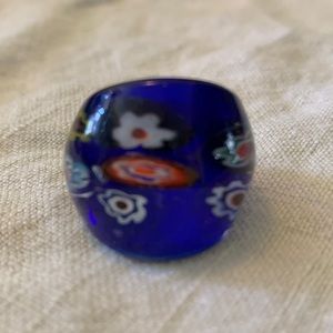 Murano domed glass ring . Cobalt with colorful flowers